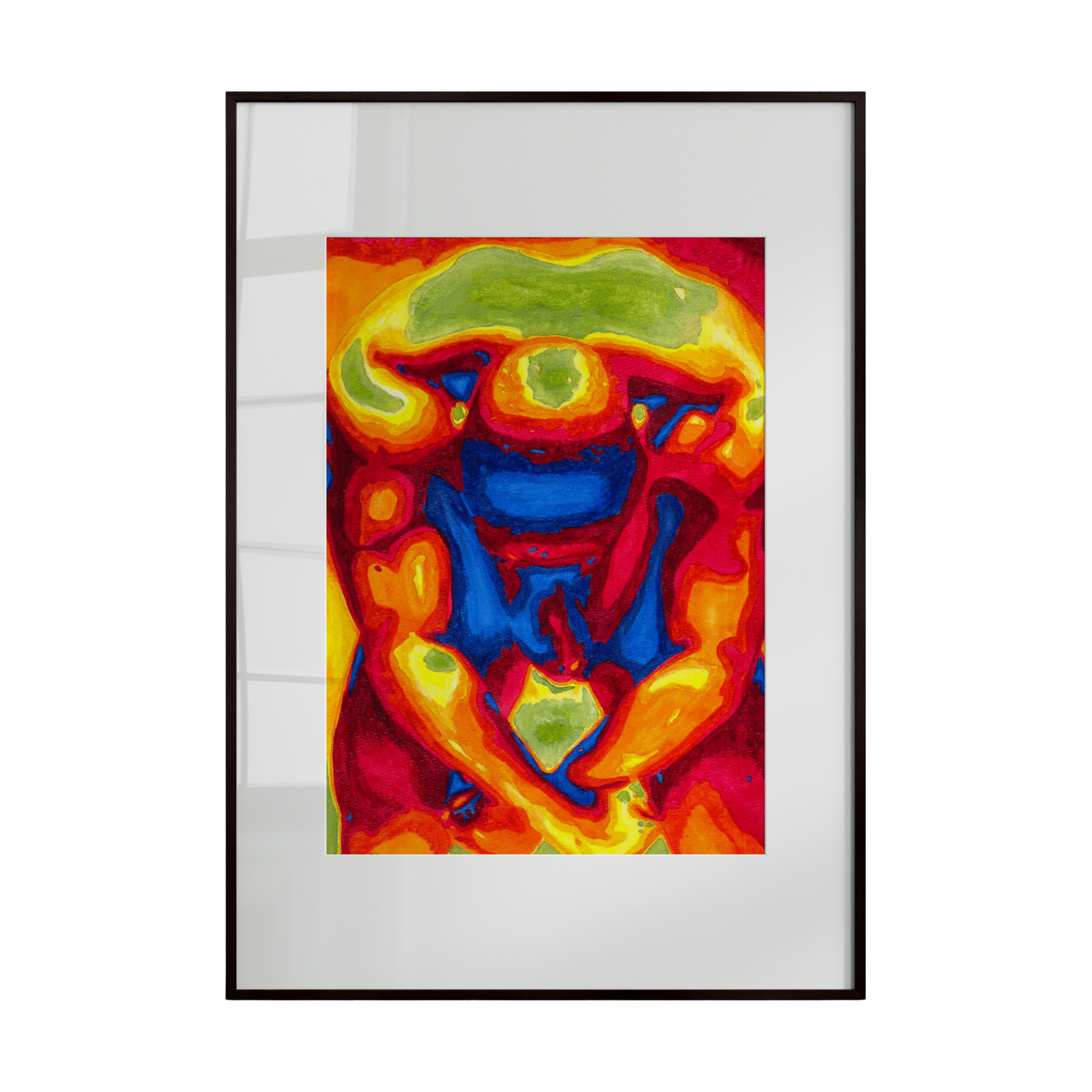 Framed abstract artwork with vibrant colors on a white background