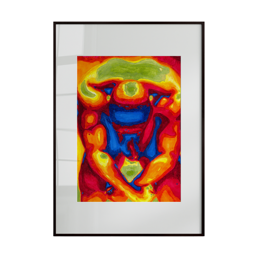 Framed abstract artwork with vibrant colors on a white background