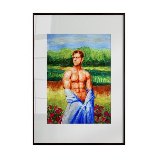 Framed artwork of a shirtless man in a blue garment standing in a field with flowers and trees.