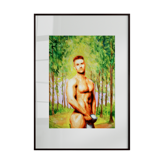 This artwork showcases a nude male figure set against a lush green jungle backdrop. The figure appears in a quiet, contemplative pose, while a restrained, harmonious color palette emphasizes the natural connection between the human body and its surrounding environment. The composition reflects introspection, vulnerability, and a sense of inner freedom.