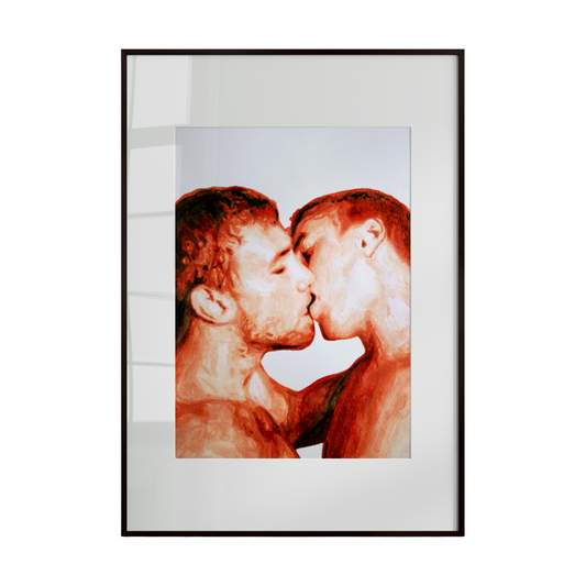 gay couple sharing a tender kiss, rendered predominantly in red and white tones. The expressive brushwork and contrasting colors emphasize intimacy, passion, and emotional connection.