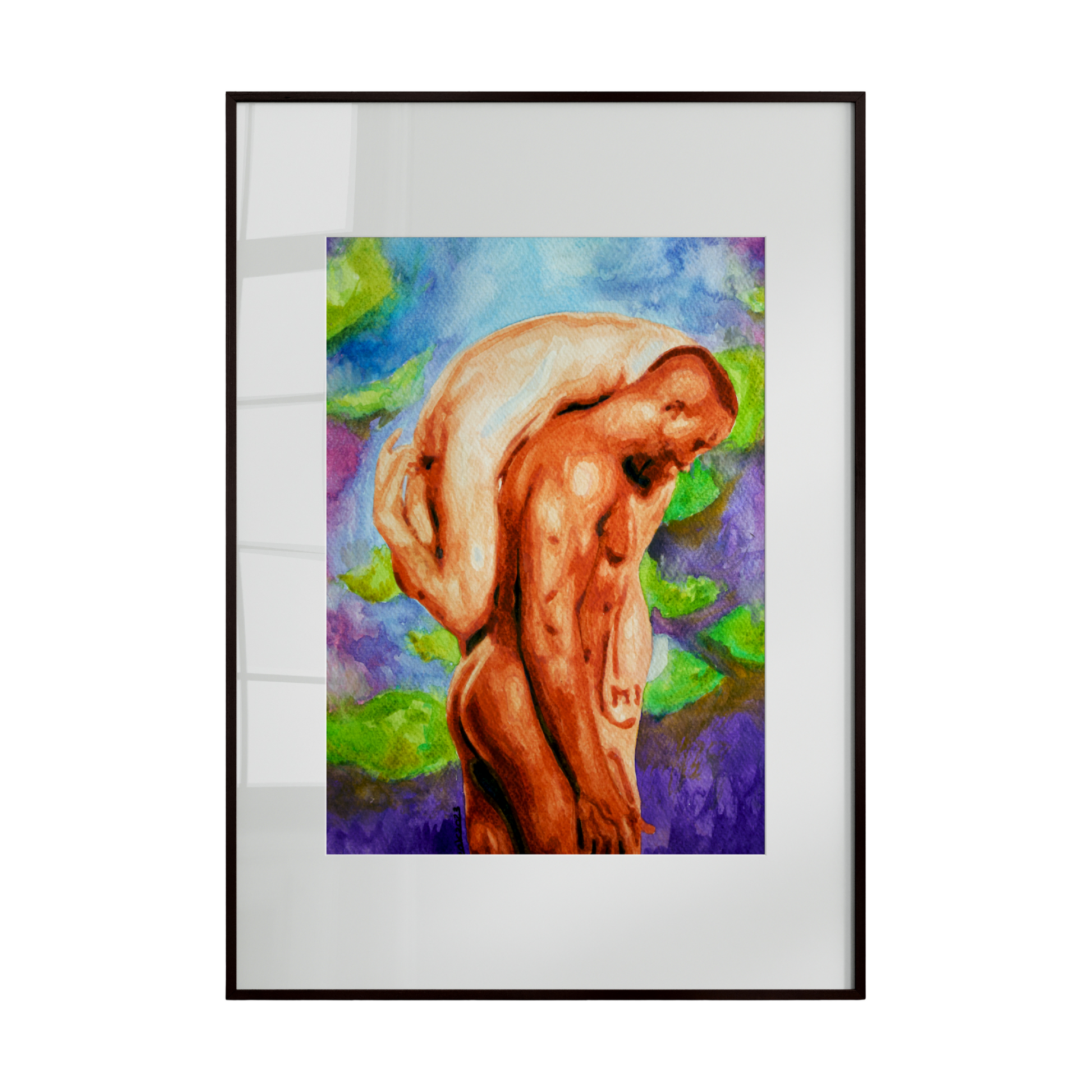 Framed artwork of a nude figure with a colorful abstract background