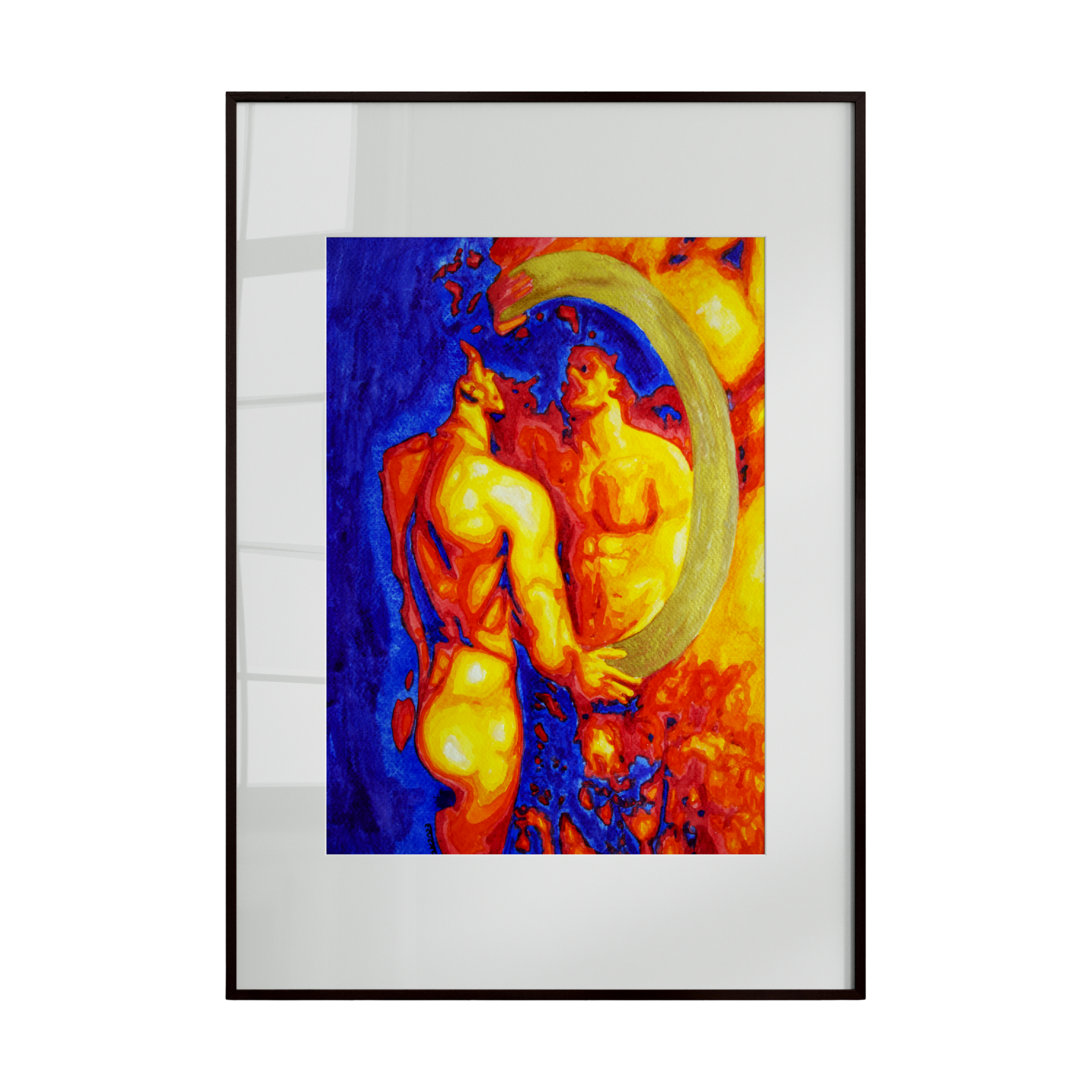 nude male figure gazing into his reflection in a mirror, rendered through a striking interplay of warm and cool tones. The contrasting color palette symbolizes the duality of identity, 