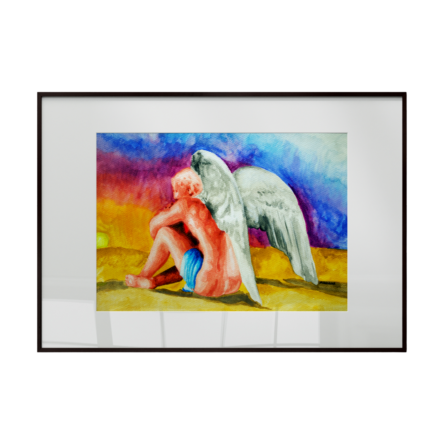 Framed artwork of a winged figure and a person on a colorful background