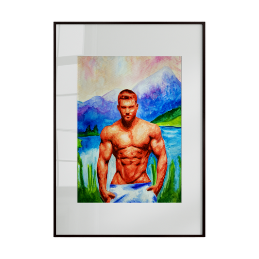 A vibrant watercolor painting depicting a masculine male figure set against a dramatic mountainous landscape. Bold, dynamic colors and a striking interplay of light and shadow emphasize the figure’s muscular contours, blending natural power with expressive artistry.