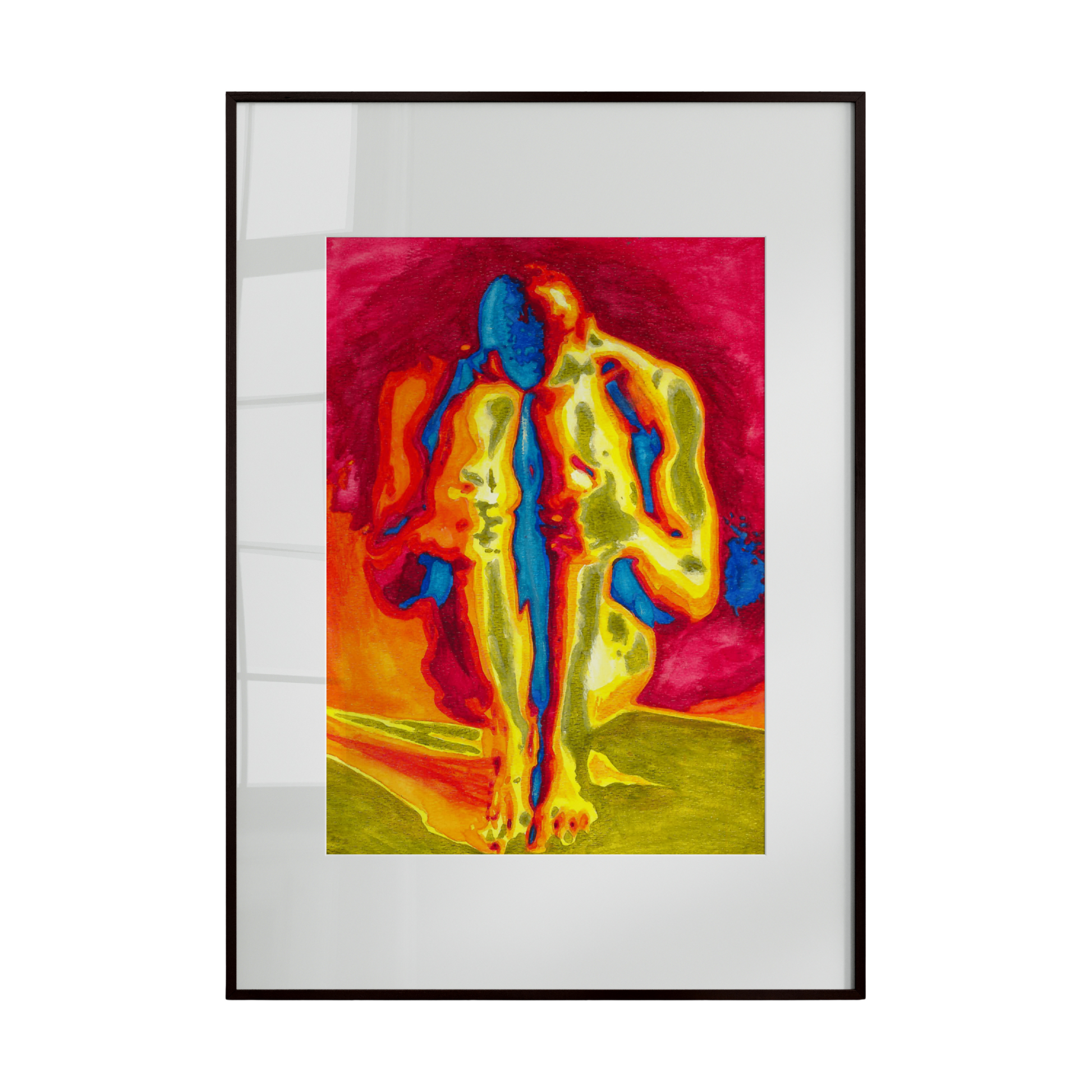 Framed abstract artwork with vibrant colors on a white background