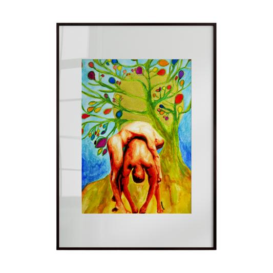 Framed artwork of a nude figure under a colorful tree on a white background