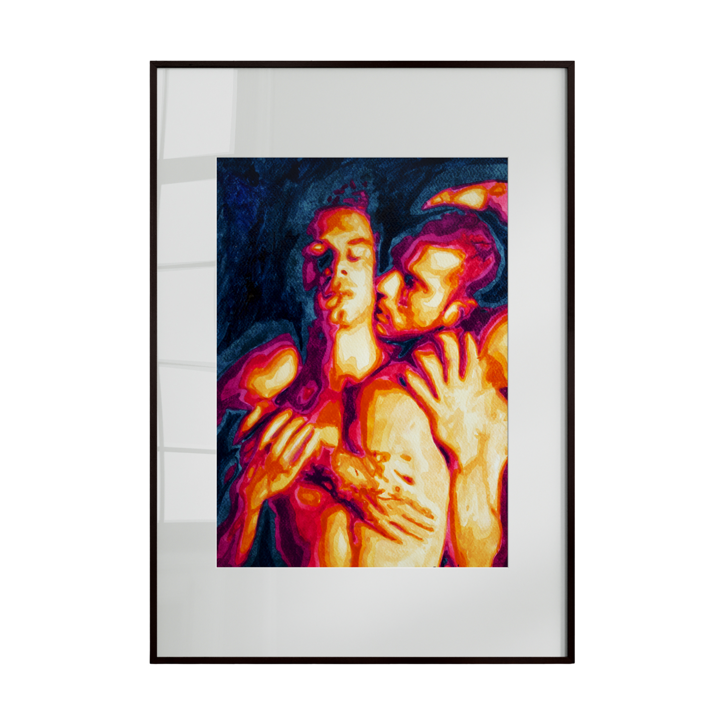 omantic moment between a same-sex couple sharing a tender kiss. Rendered in vibrant, expressive colors against a clean white background, the composition highlights emotion over detail, allowing the intimacy of the gesture to take center stage. 