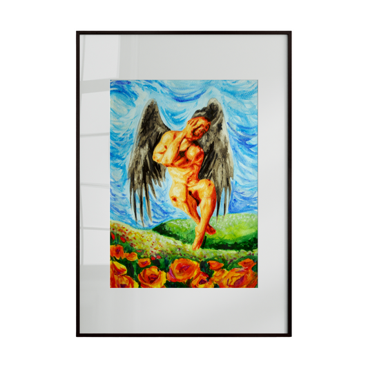 A framed watercolor painting depicting an angelic figure with wings, seated on a grassy surface. A vibrant blue background contrasts beautifully with scattered red flowers, creating a serene yet striking composition that blends softness, color, and quiet symbolism.