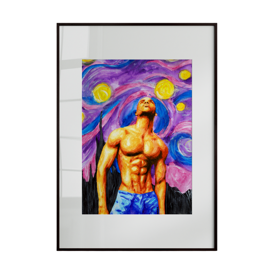 A vibrant artwork depicting a shirtless male figure set against a swirling backdrop of stars and neon hues. Inspired by the expressive energy of Van Gogh’s Starry Night, bold brushstrokes and luminous colors merge pious symbolism with sensual presence, creating a powerful and emotive composition.