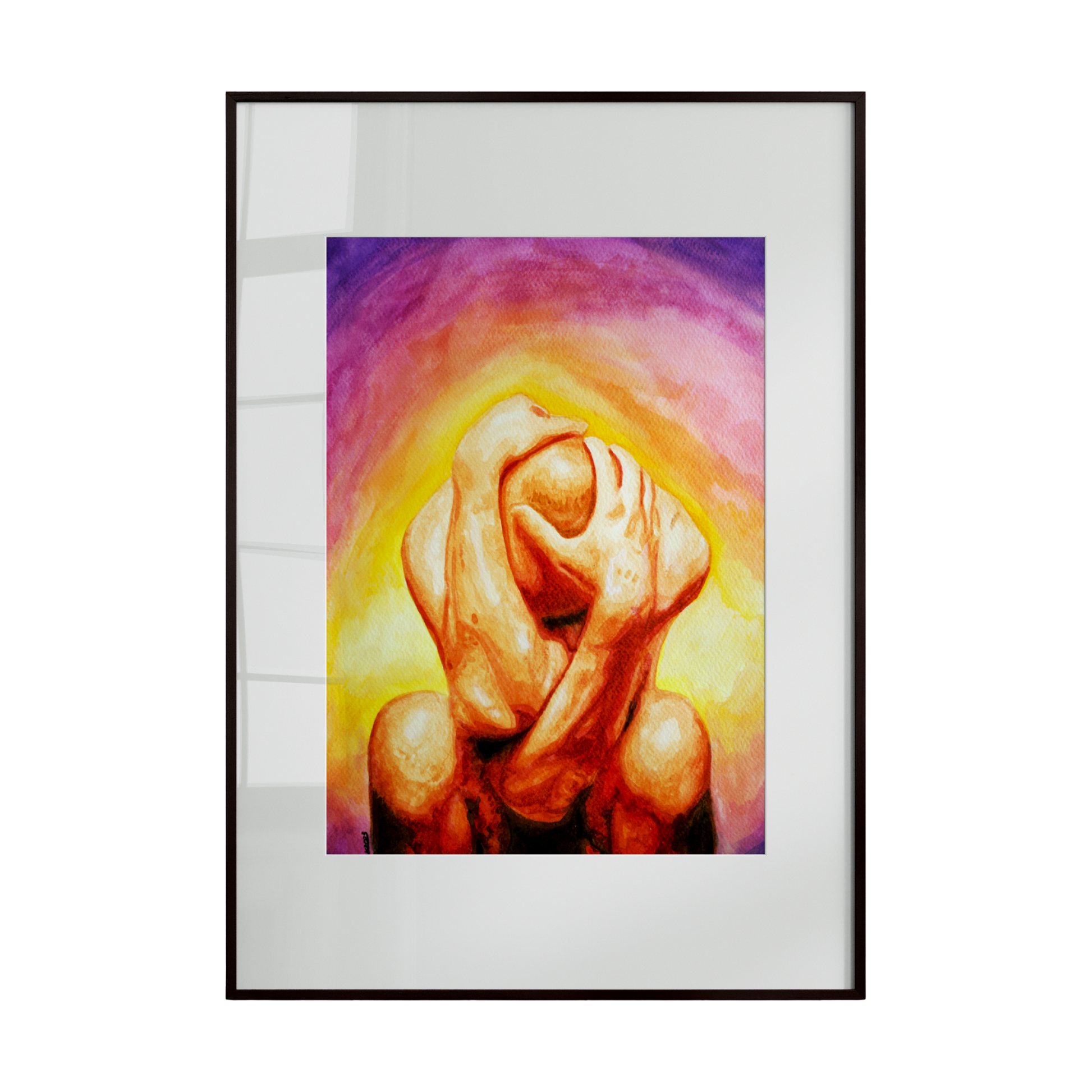 a male figure in a contorted, embracing pose against a vibrant backdrop of oranges, yellows, and pinks. Streaks of gold illuminate the composition, enhancing the sense of light, movement