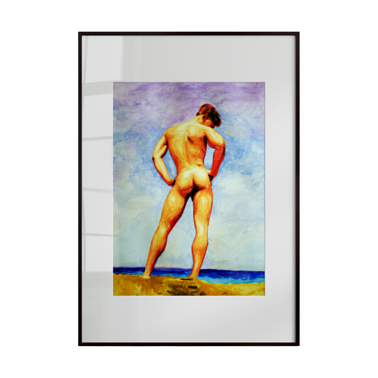 A nude male figure seen from behind, standing on a beach with the ocean stretching before him. The scene captures quiet reflection, natural beauty, and the serene connection between body and landscape.
