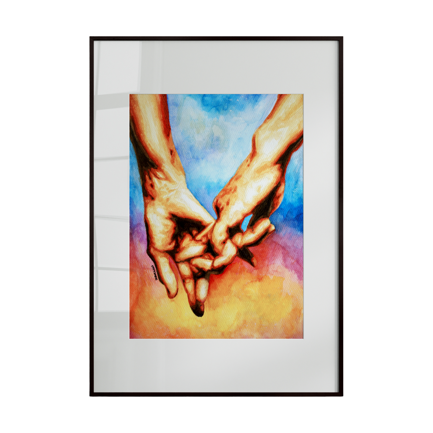the intertwined hands of a gay couple in a tender, supportive gesture reminiscent of a “banking” pose. Set against a sunset sky, warm and soft hues blend with cooler tones to create a sense of intimacy