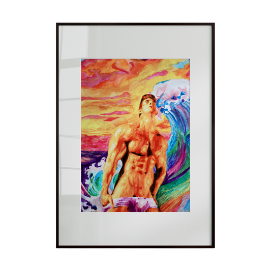 male figure set against a stormy sea and sky. Rendered in dynamic, rainbow-like hues, the artwork emphasizes movement, energy, 