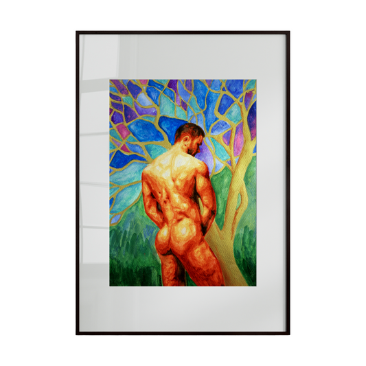 A vibrant wall art depicting a nude male figure from behind. Warm and cool hues blend harmoniously, creating a serene and inviting atmosphere that celebrates color, form, and tranquility.