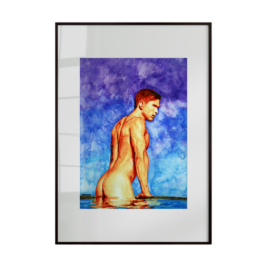 A watercolor depicting the back view of a nude male figure in a contemplative pose by a swimming pool. Soft blue tones and scattered clouds create a serene and intimate atmosphere.