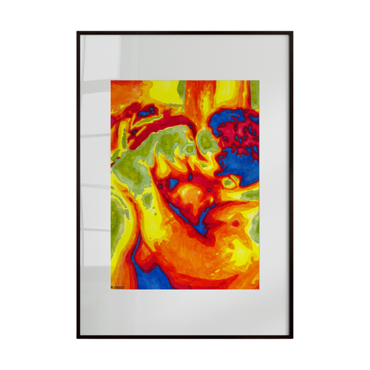 Framed abstract artwork with vibrant colors on a white background