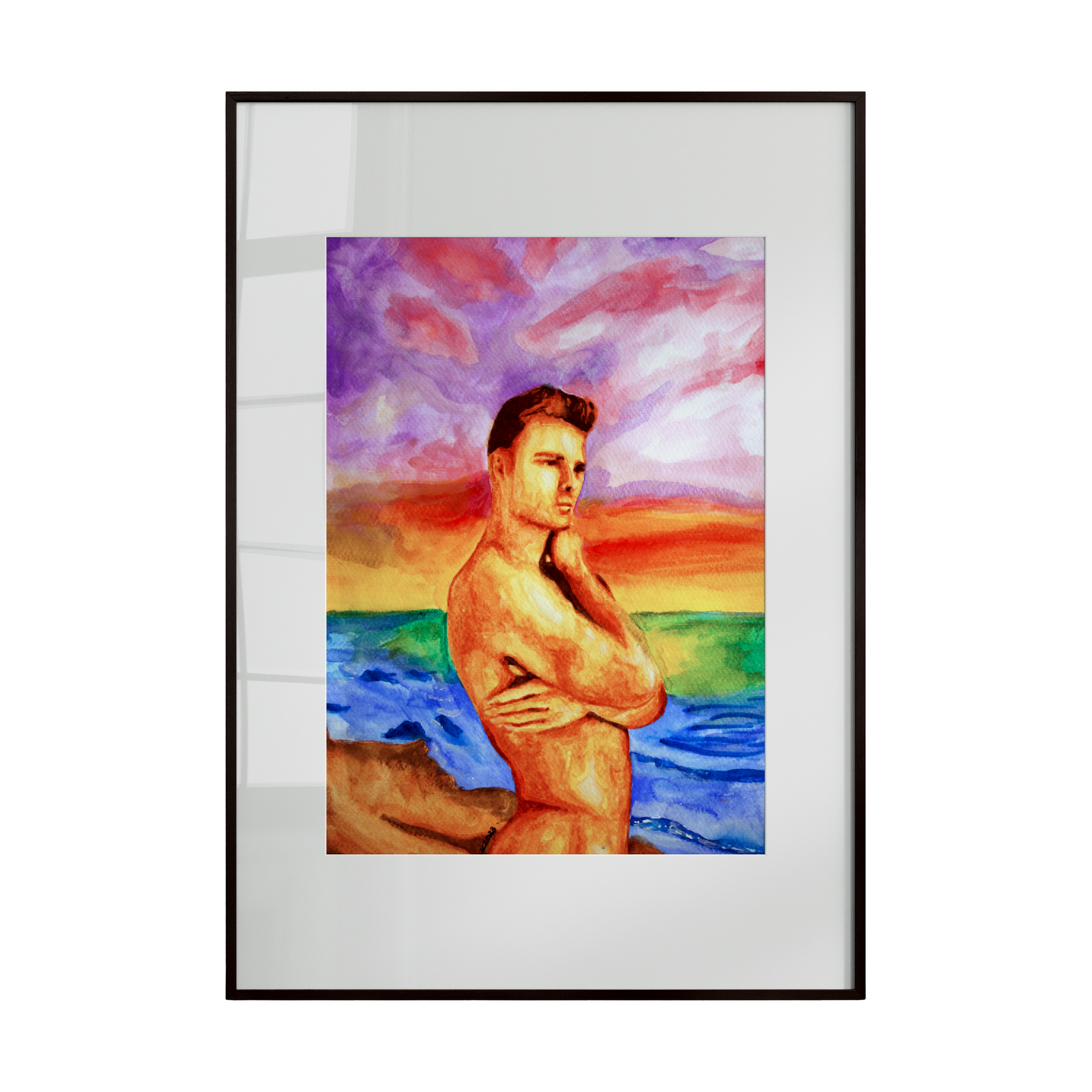 A watercolor painting of a nude male figure set against a vibrant beach and sunset backdrop. The warm and cool hues create a striking contrast, emphasizing the natural curves and muscular form of the figure in a harmonious, expressive composition.