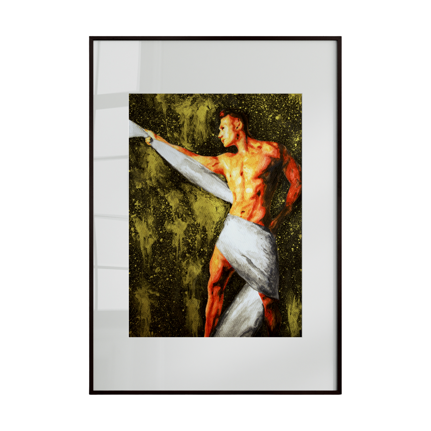 Framed artwork of a shirtless man in a dynamic pose on a white background