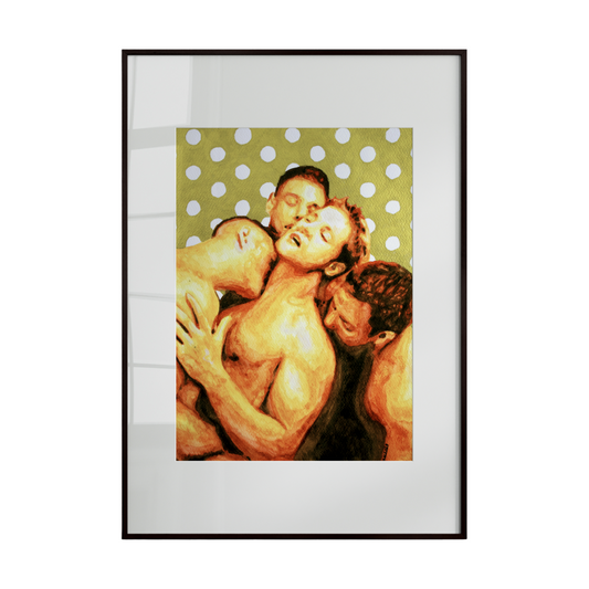 four shirtless male figures embracing each other against a golden background dotted with white accents