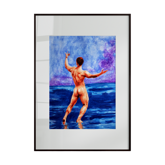 Framed artwork of a nude figure standing in water with a colorful sky.