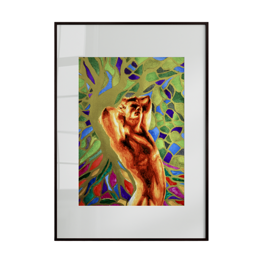 A nude, muscular male figure stands with arms raised behind his head, framed by a large tree whose colorful leaves resemble Tiffany-style stained glass. The composition blends strength, elegance, and vibrant artistry.