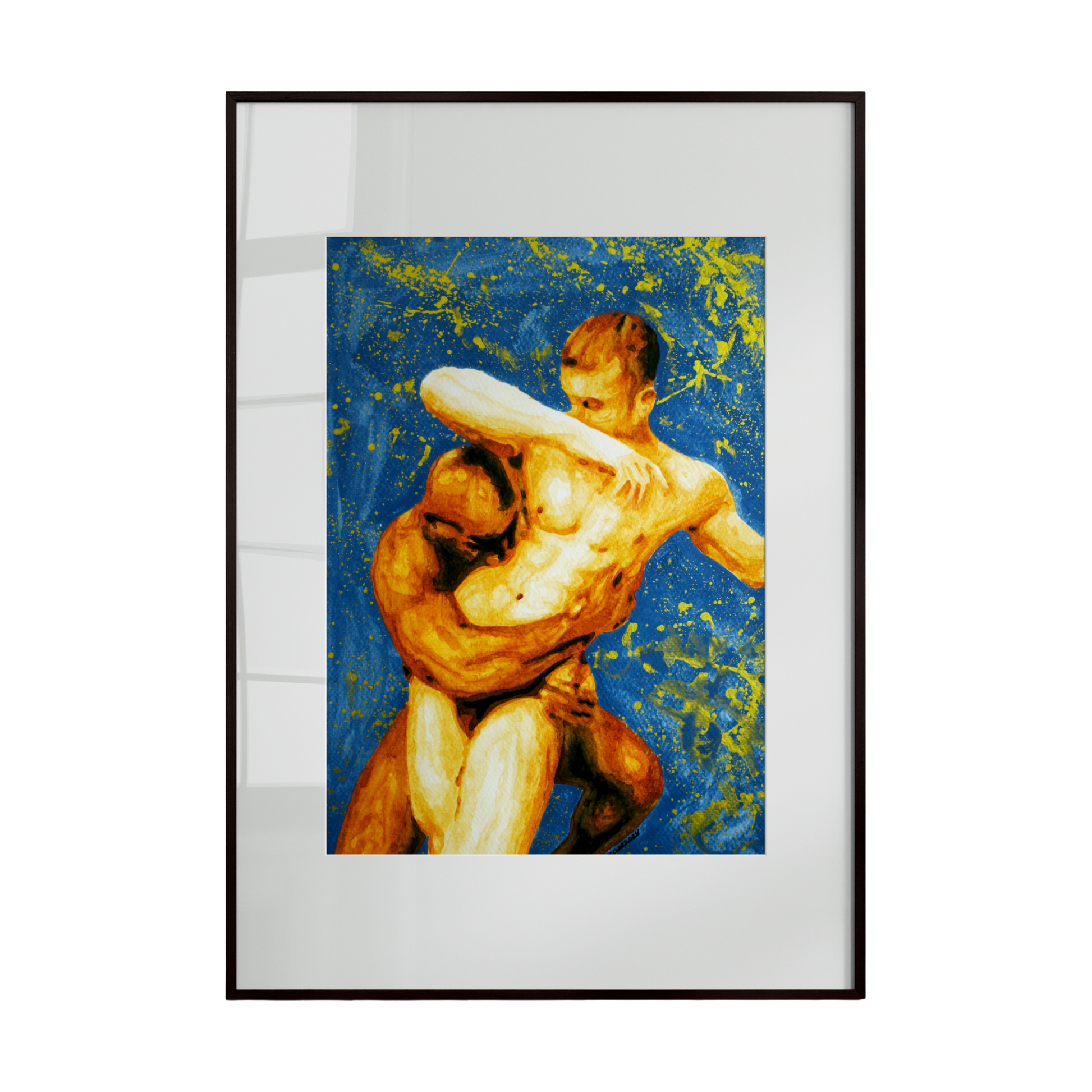 Framed artwork of two muscular figures embracing on a blue background with yellow accents.