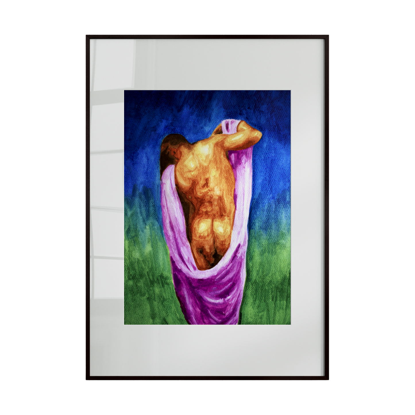 A framed watercolor featuring a nude figure draped in flowing purple fabric, set against a serene blue and green background. The composition highlights elegance, color harmony, and quiet sensuality.