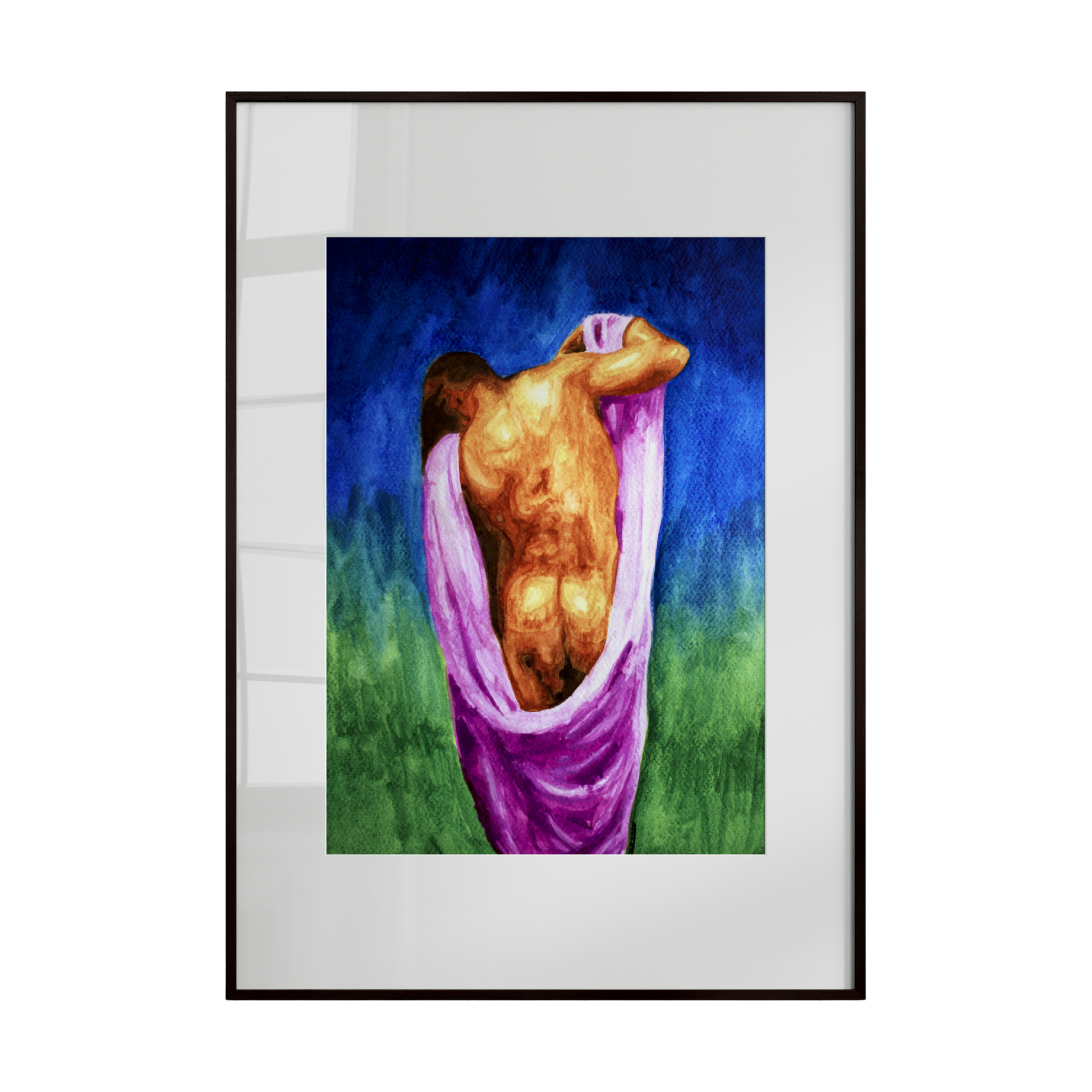 A framed watercolor featuring a nude figure draped in flowing purple fabric, set against a serene blue and green background. The composition highlights elegance, color harmony, and quiet sensuality.