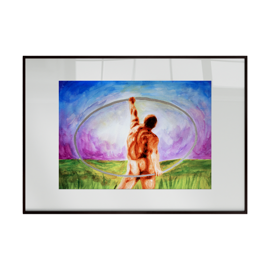 An original watercolor by Zak Pop Art depicting a nude male figure with a strong, beautiful physique, confidently facing a rainbow-colored sunset sky. The composition symbolizes queer pride, inner strength, and self-liberation, celebrating identity through bold color and expressive form.