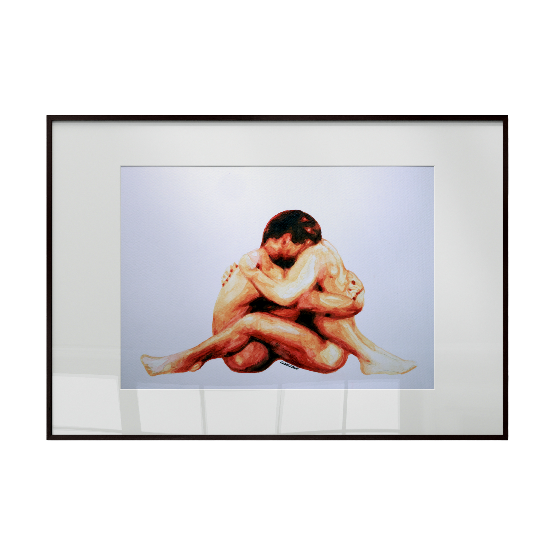Framed artwork of a nude figure on a white background