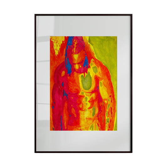 Framed thermal imaging artwork of a person on a white background