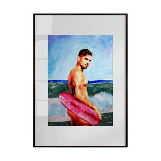 A framed artwork depicting a man holding a pink inner tube against a serene beach backdrop. The playful composition captures the joy of summer, leisure, and the relaxed spirit of seaside life