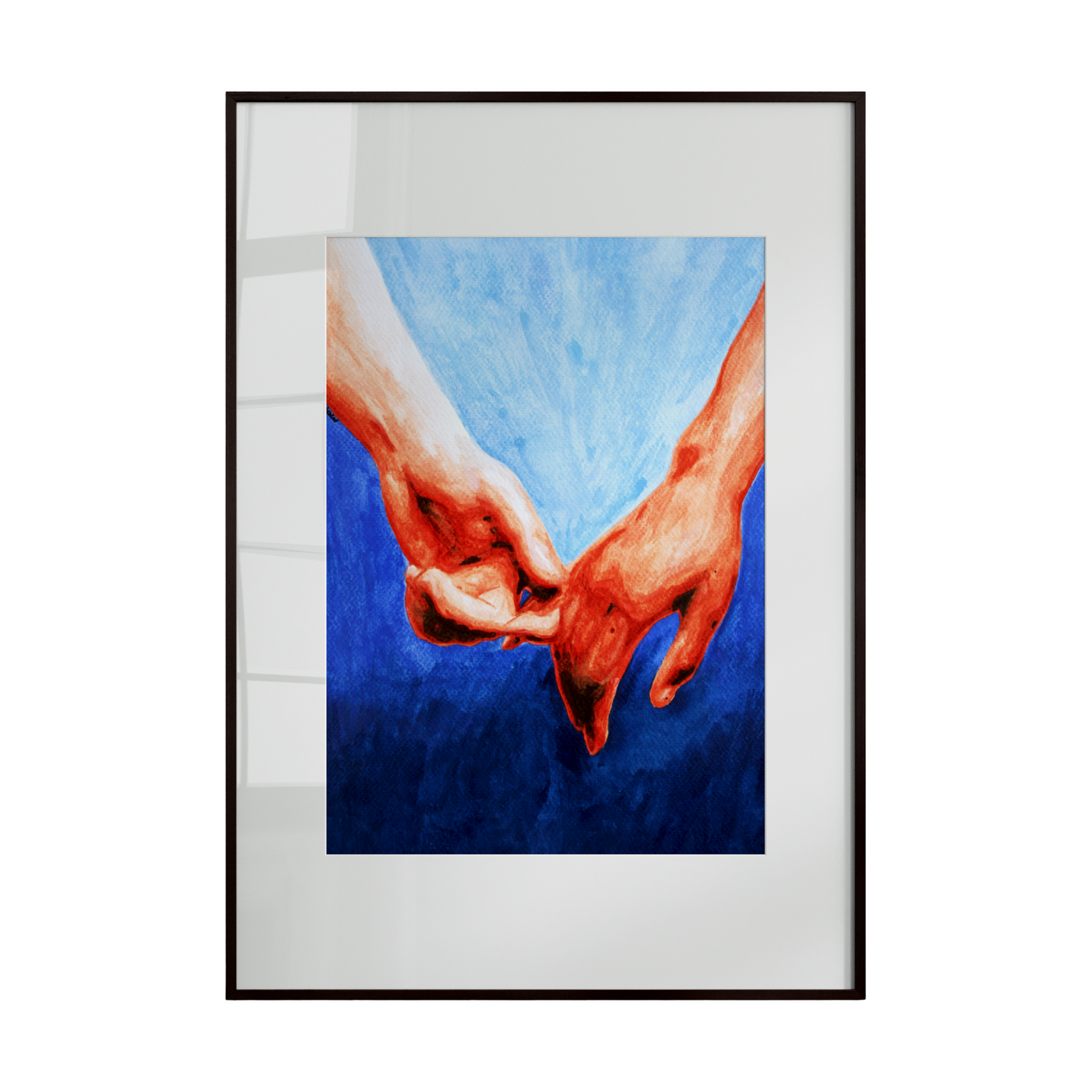  two hands tenderly holding each other against a serene blue background. The soft brushstrokes and delicate shading emphasize intimacy, trust, and emotional connection. 