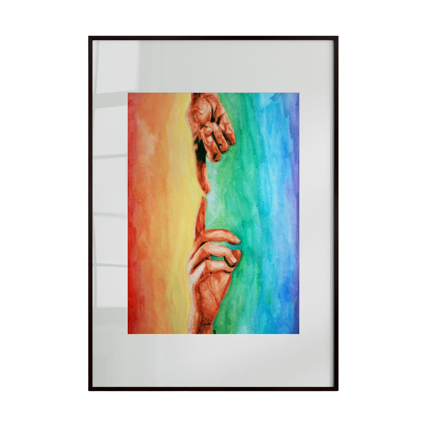 Framed artwork of two hands holding each other against a rainbow background.