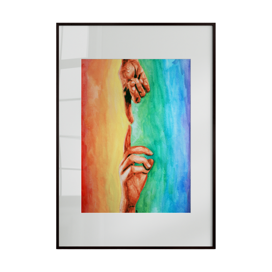 Framed artwork of two hands holding each other against a rainbow background.