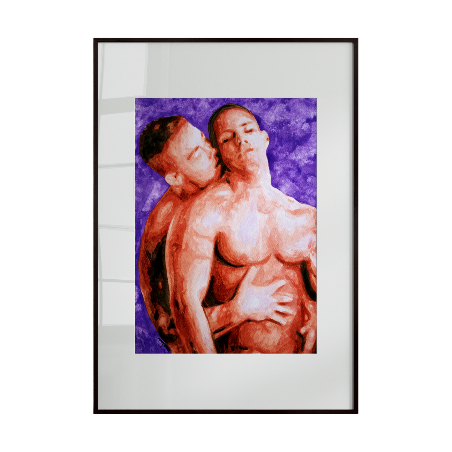 two nude men from the waist up, with one embracing the other tenderly from behind. Set against a soft pink background, the composition emphasizes intimacy, trust, and emotional connection