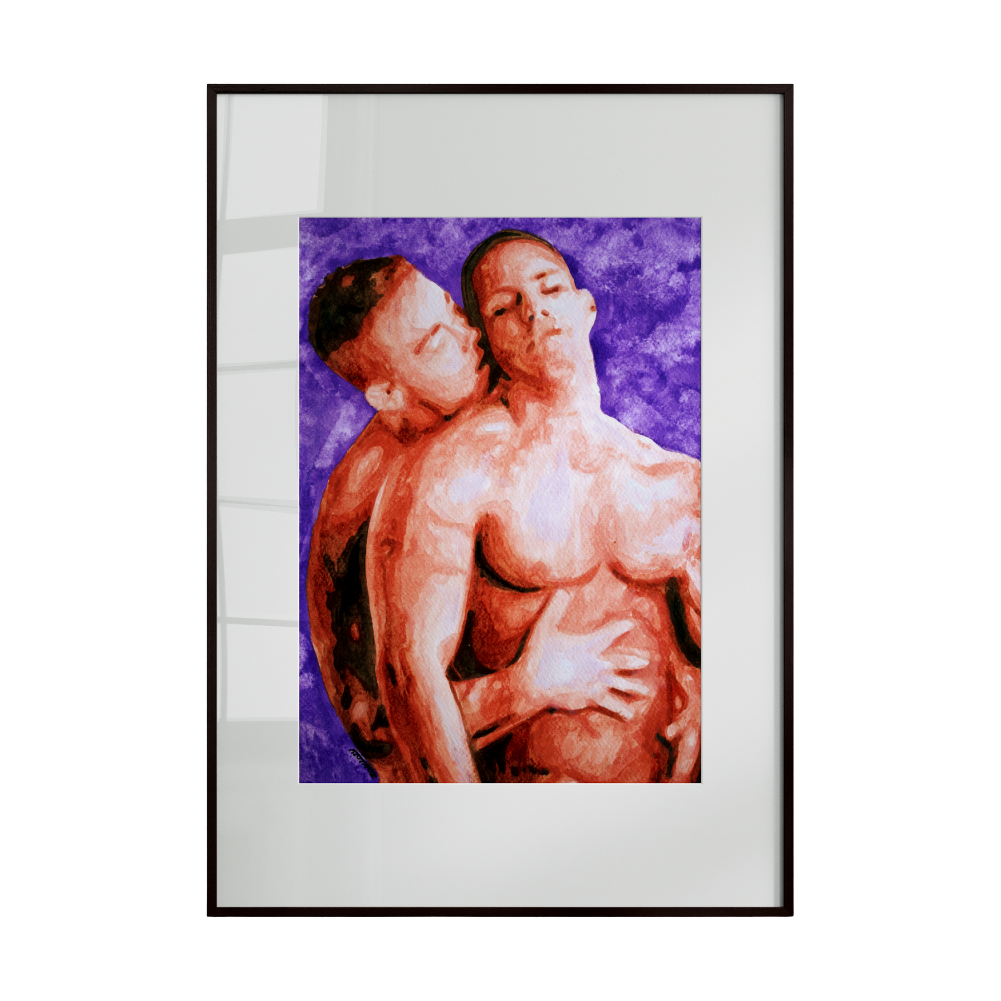 two nude men from the waist up, with one embracing the other tenderly from behind. Set against a soft pink background, the composition emphasizes intimacy, trust, and emotional connection
