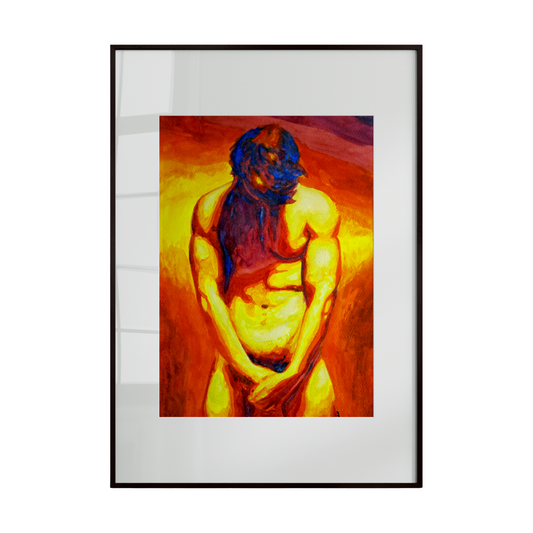 A framed artwork depicting a muscular male figure against a fiery background. The bold composition highlights strength, energy, and dynamic presence.