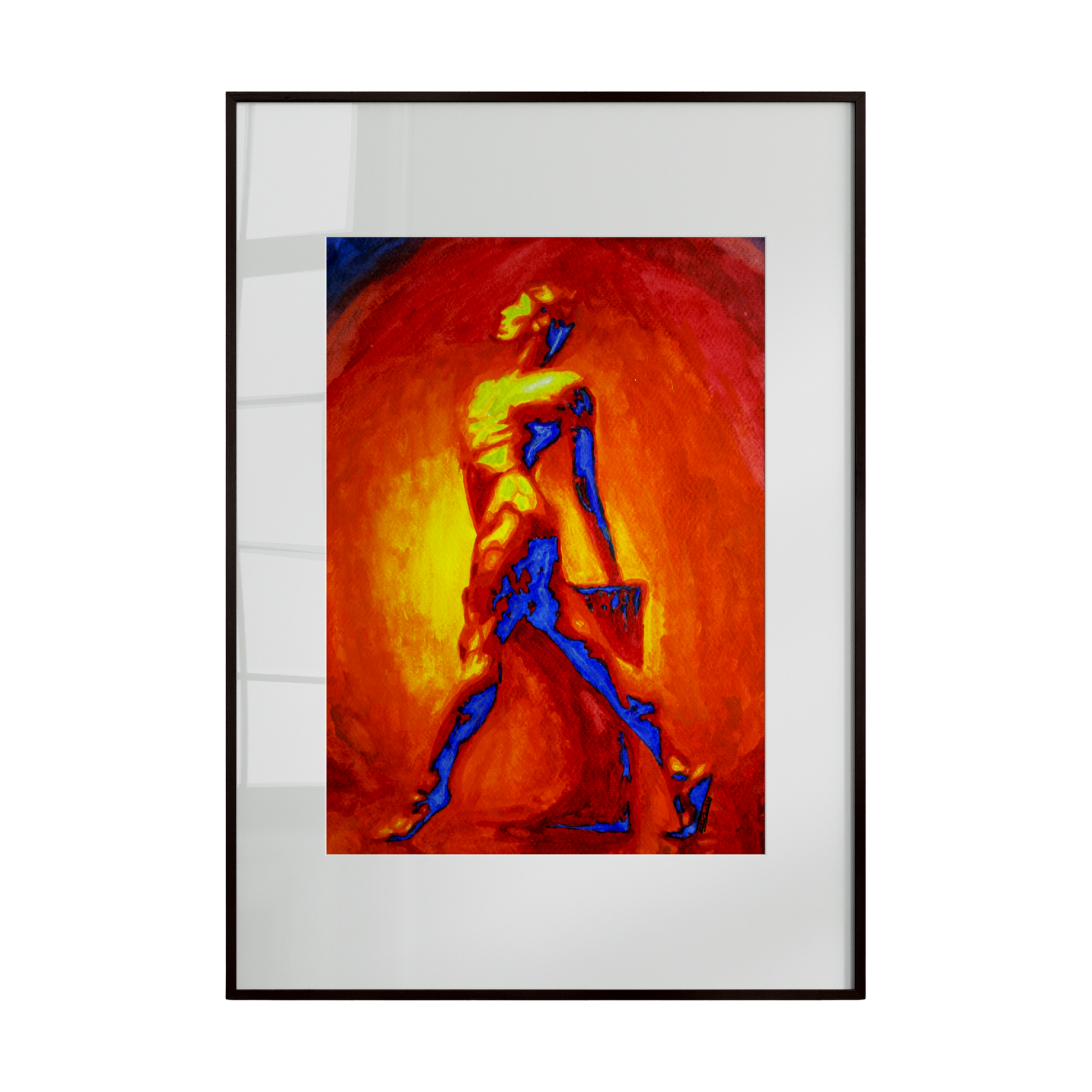 male figure walking with a feminine, graceful gait. The composition emphasizes color over form, using a striking interplay of warm and cool hues to define the movement and energy of the figure rather than precise anatomical detail. Bold, 