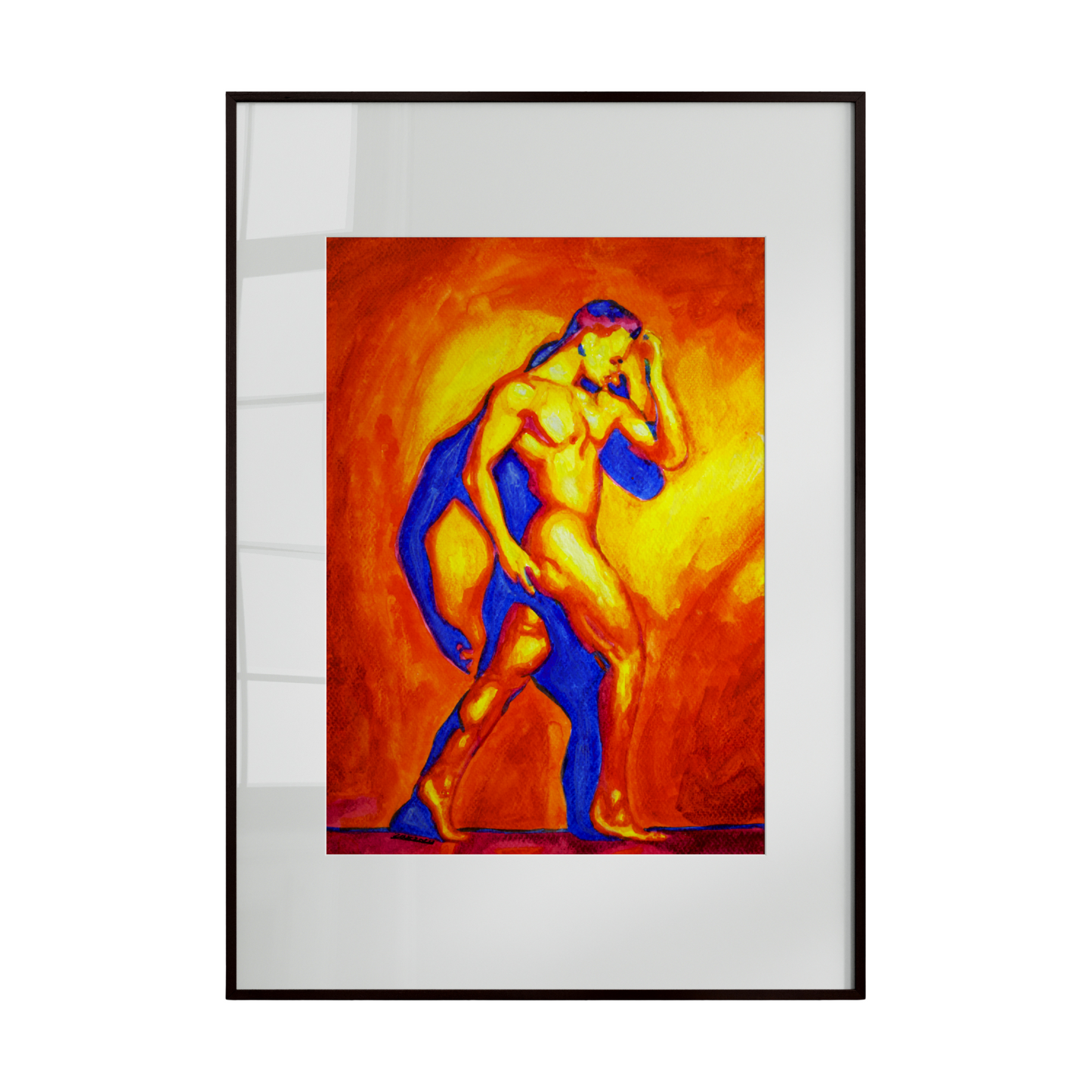 A framed artwork depicting a nude figure set against a vibrant orange and blue background. The bold colors create a striking contrast that emphasizes the form, movement, and energy of the figure in a visually captivating composition.