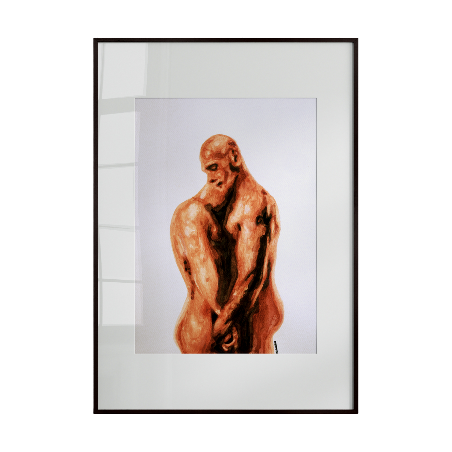Framed artwork of a nude figure on a white background