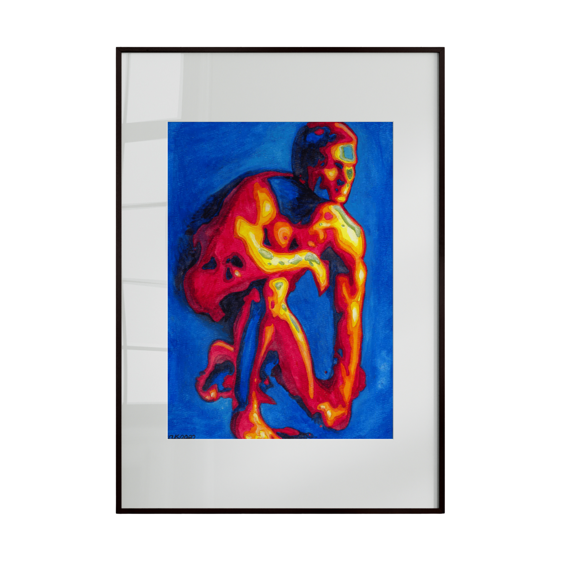 “Warm Up” is a vibrant and abstract portrayal of a male figure, rendered in bold, warm colors. The dynamic composition emphasizes energy, movement, and presence, creating a powerful visual statement that captures the viewer’s attention.