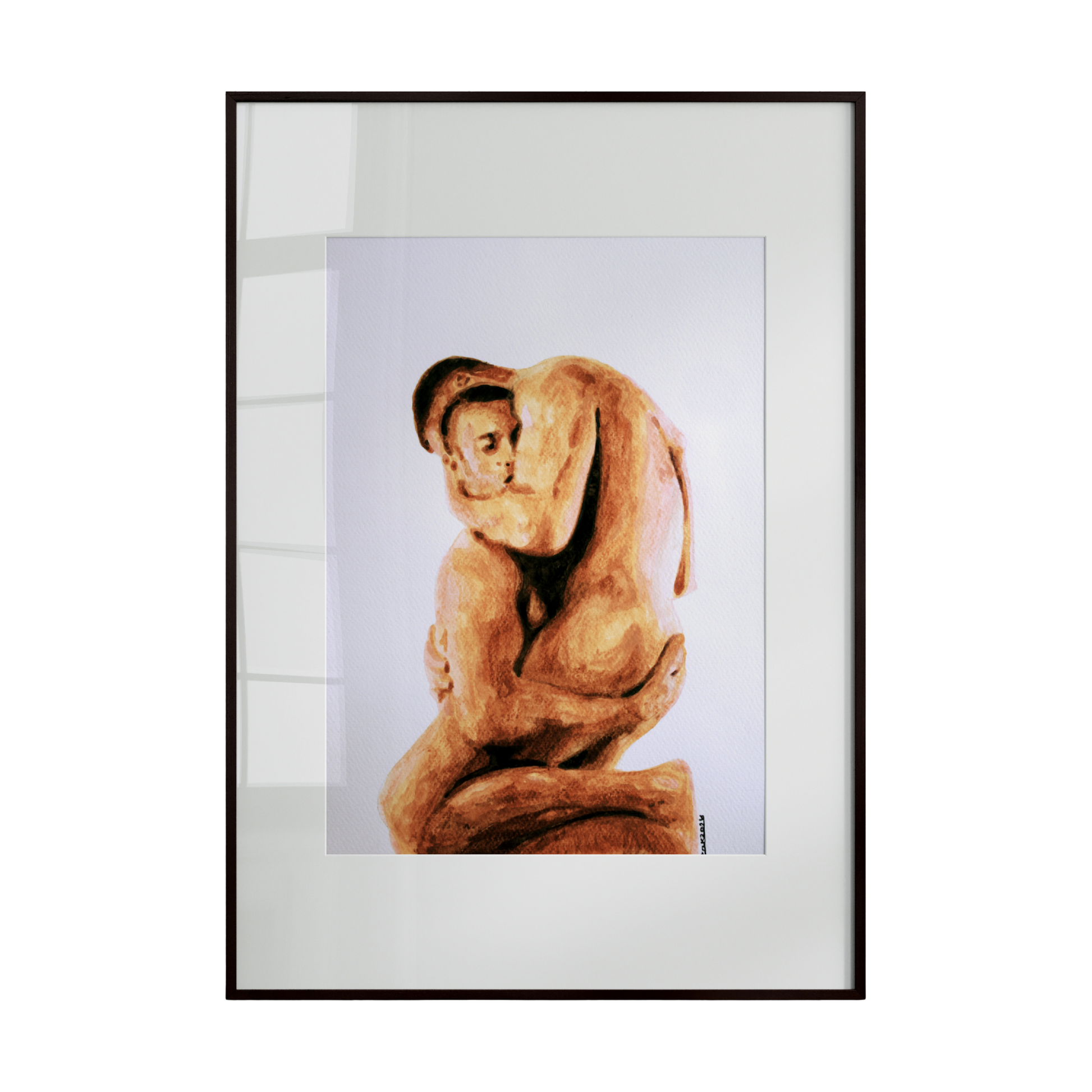 two nude men, with one lifting and embracing the other against a clean white background. The composition emphasizes intimacy, trust, and physical connection