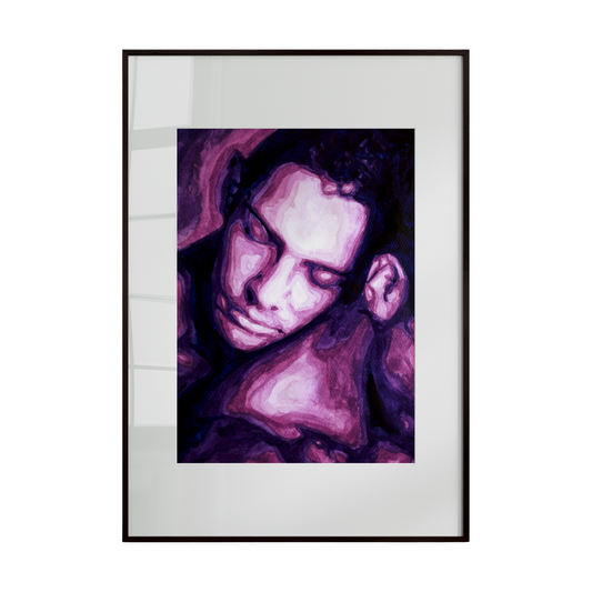 portrays a semi-sleeping male figure resting his head gently on the neck of another man. The composition is rendered entirely in shades of purple, creating a dreamy, 