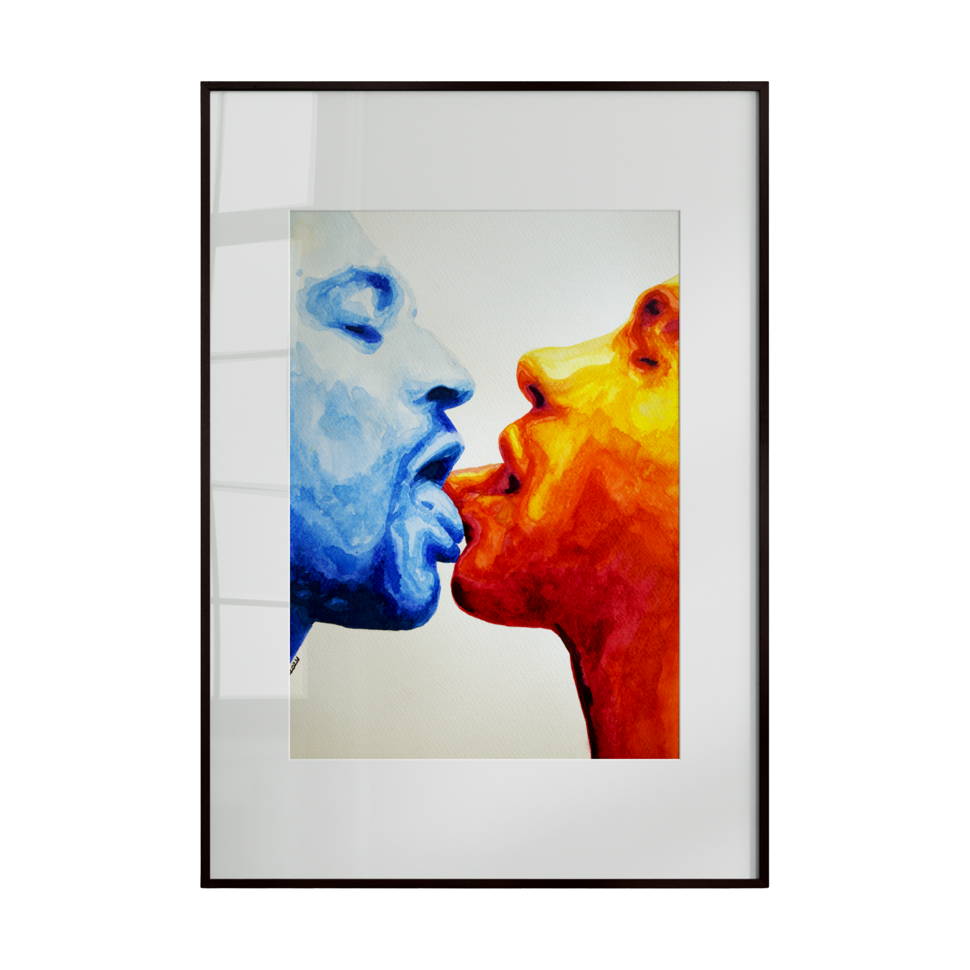 two male faces, one in shades of blue and the other in warm orange tones, positioned closely against a clean white background. The contrasting colors highlight emotional connection