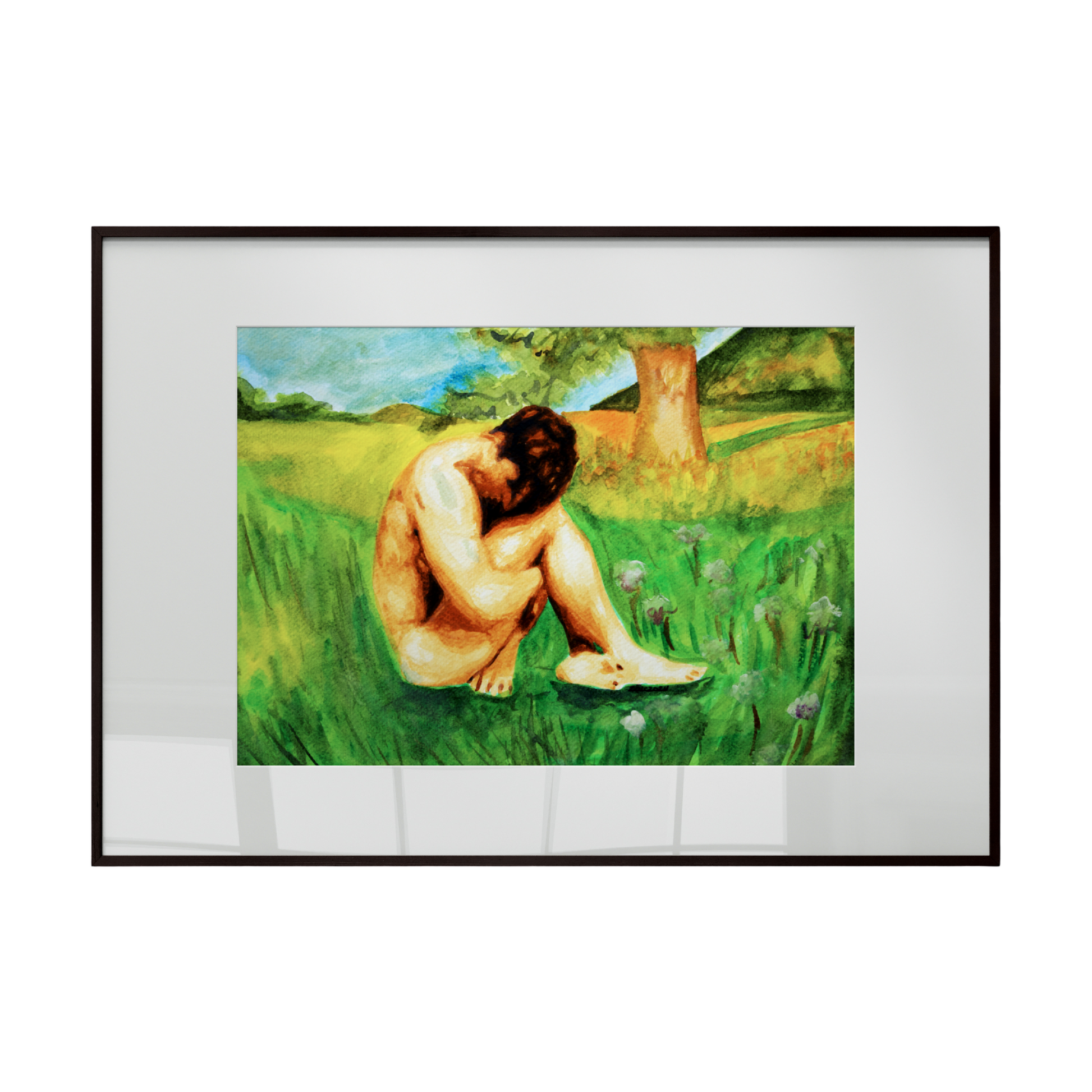 a nude figure seated in a lush grassy field, surrounded by trees and flowers. Soft, flowing brushstrokes and a natural color palette create a serene and peaceful atmosphere.