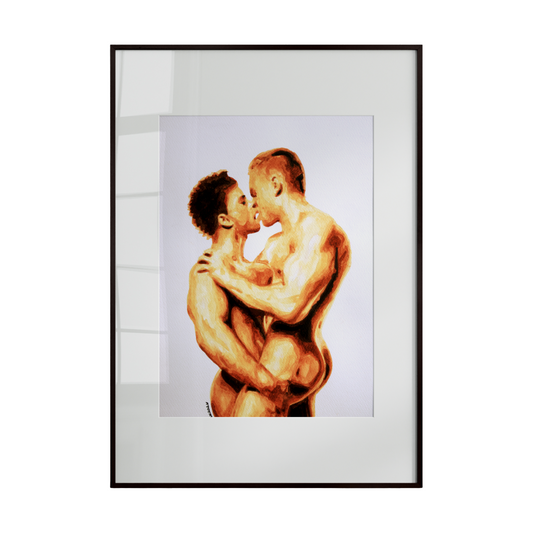 This artwork depicts two nude men embracing and kissing against a clean white background. The minimalist setting emphasizes intimacy, tenderness, and emotional connection, celebrating queer love through simplicity and closeness.