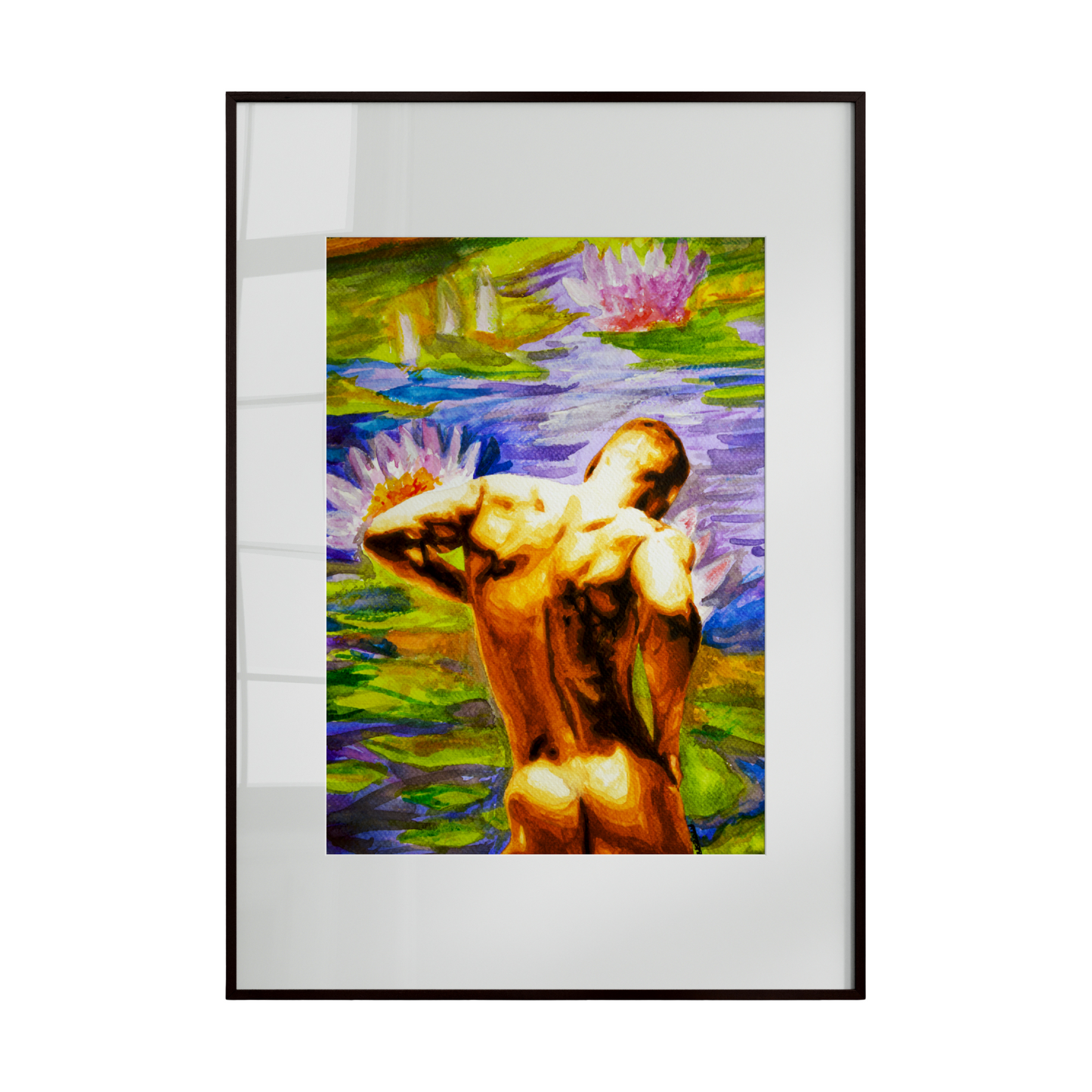 A framed artwork depicting a nude figure among water lilies. The composition conveys serenity, natural beauty, and quiet contemplation, celebrating the harmonious connection between the human form and nature.