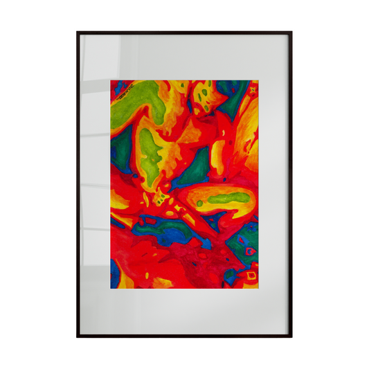n original modern watercolor painting that bursts with energy and motion. Vibrant, swirling hues of red, blue, green, and yellow flow seamlessly across the paper, creating a dynamic interplay of color and light.